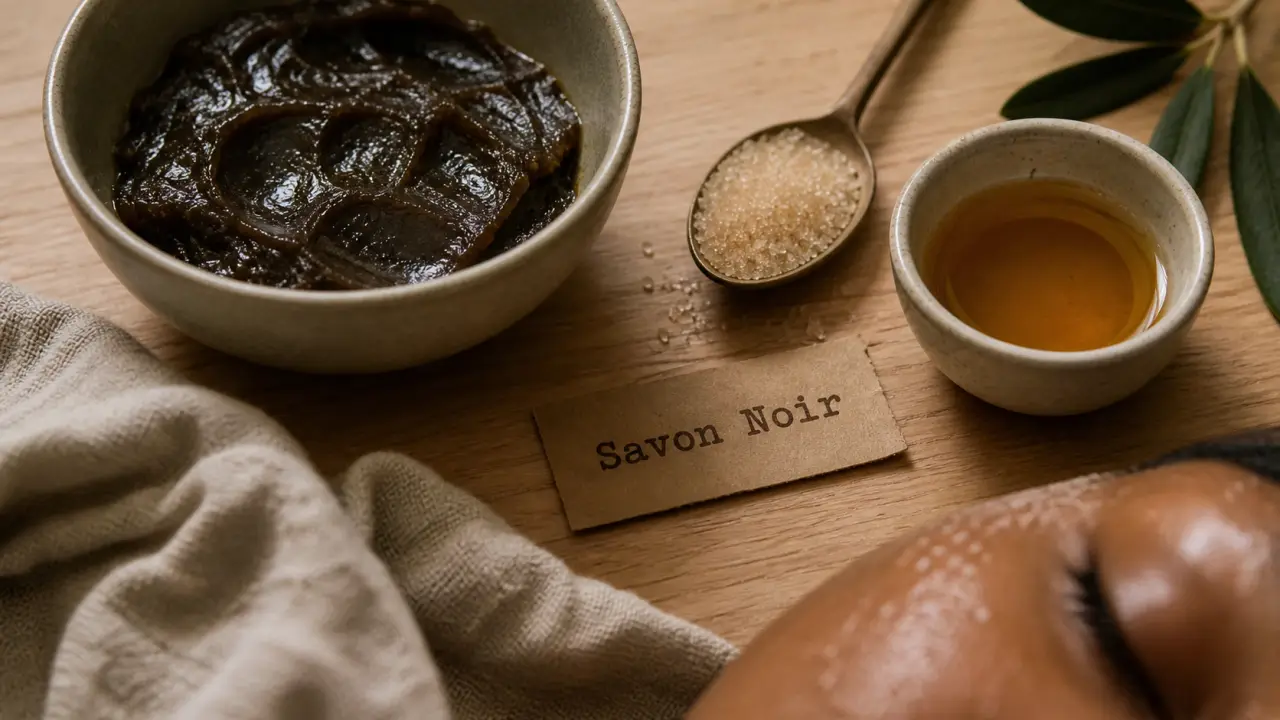 Savon noir visage : bol de savon noir et huile végétale