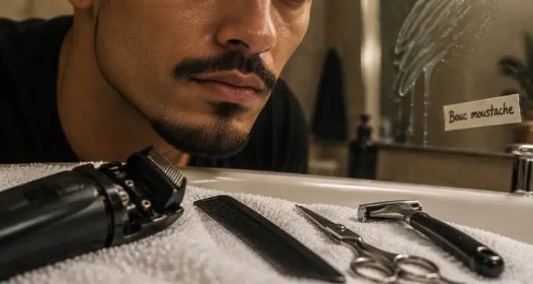 bouc moustache homme : barbe peu fournie, contour net