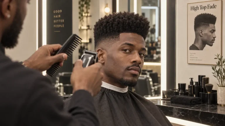 Coupe homme afro high top fade avec volume arrondi