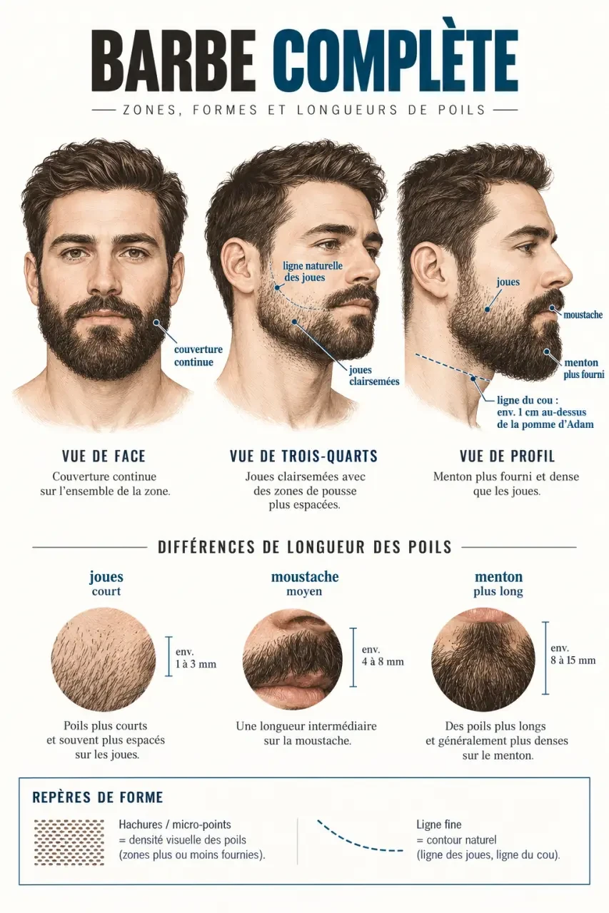 Barbe complete : zones de pousse, ligne des joues et ligne du cou