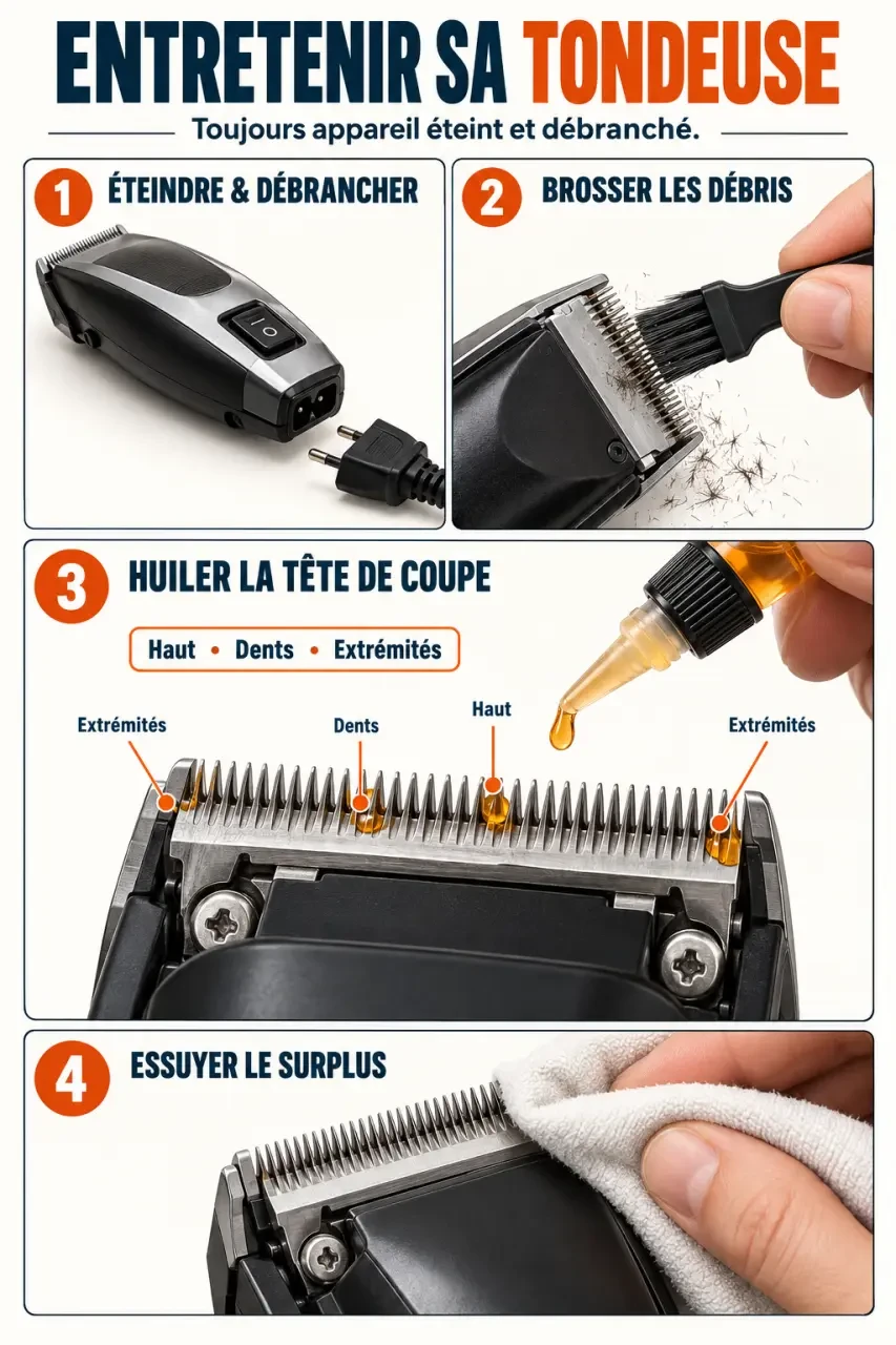 Application de l’huile pour tondeuse cheveux sur les dents et les extrémités des lames