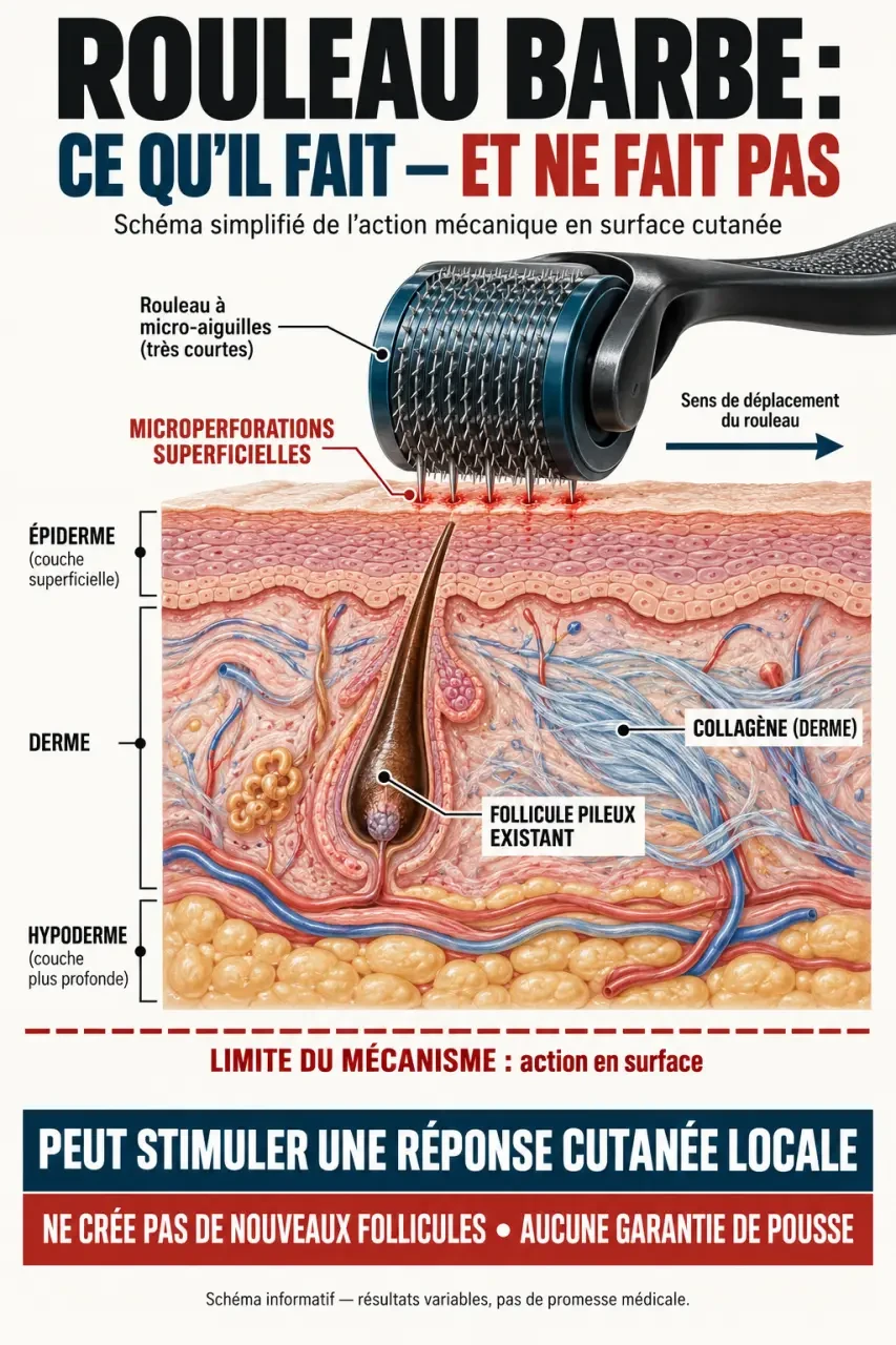 Schéma explicatif du fonctionnement d’un rouleau barbe et de ses limites sur les follicules pileux