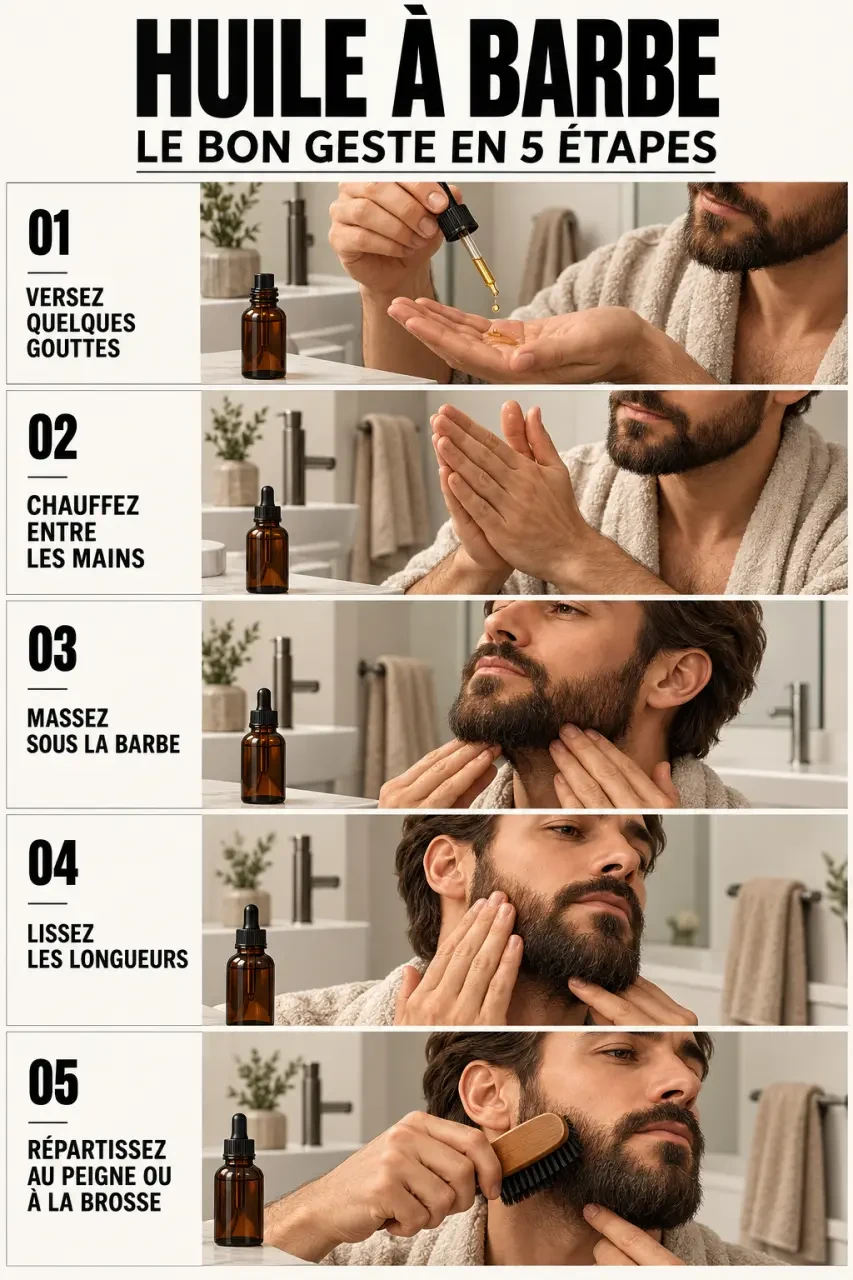 Application d'une huile pour barbe en cinq étapes, du dosage au brossage