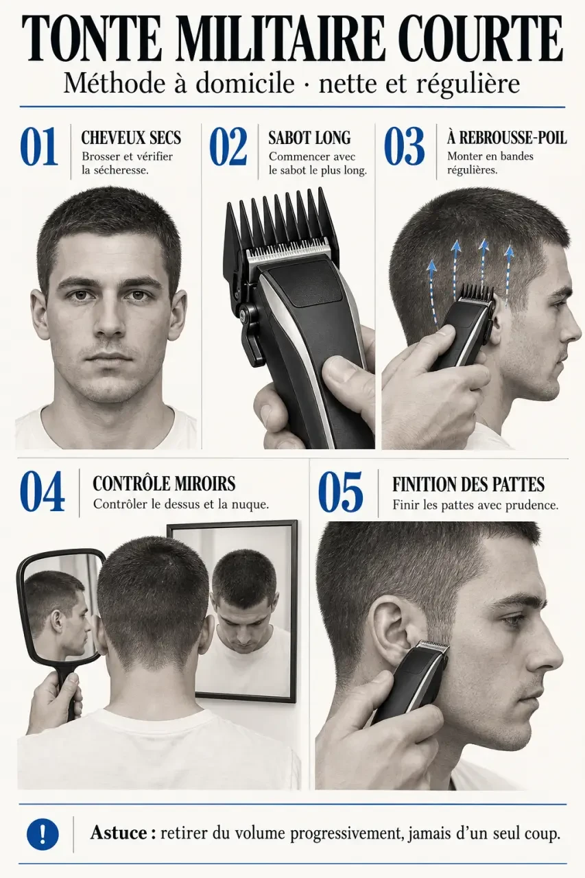 Étapes pour réaliser une militaire coupe de cheveux homme court à la tondeuse