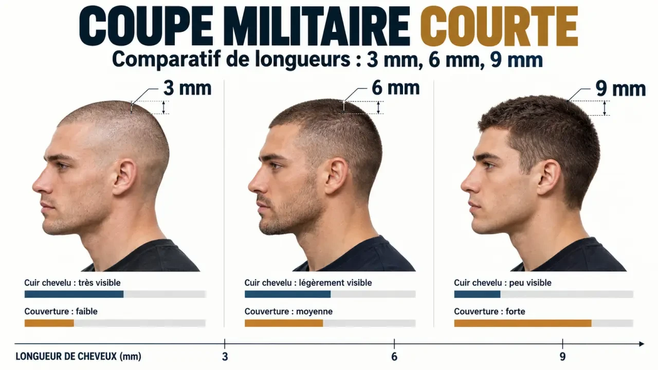 Militaire coupe de cheveux homme court comparée à 3 mm, 6 mm et 9 mm