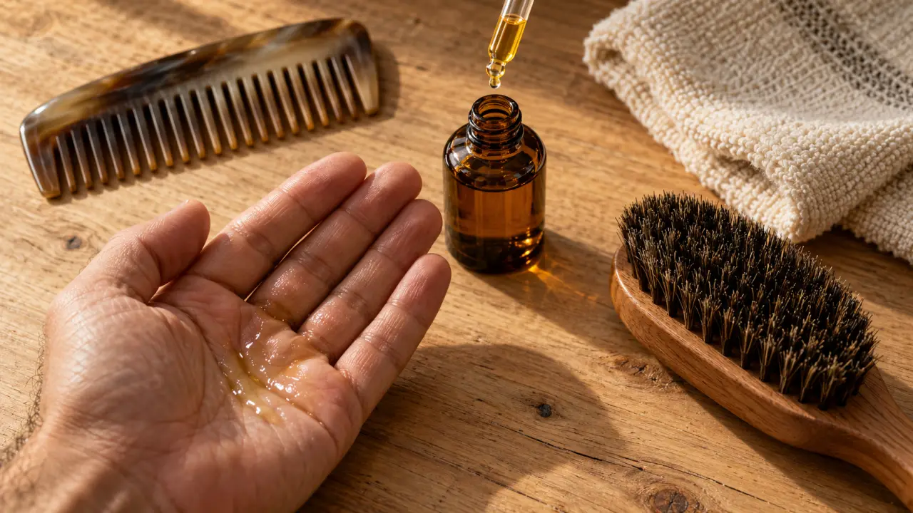 Huile pour barbe ambrée : poils doux sans film gras