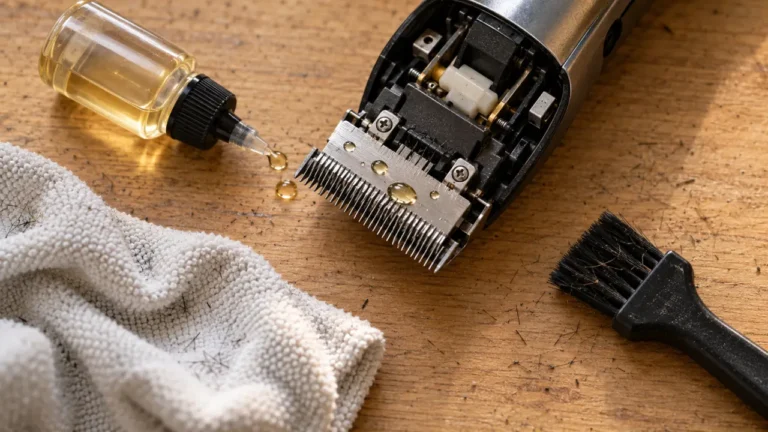 huile pour tondeuse cheveux avec gouttes sur lames de tondeuse